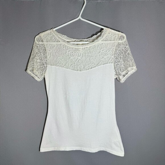 H&M White T-Shirt with Transparent Lace Shoulders and Sleeves, Womens Size Small - Picture 1 of 7